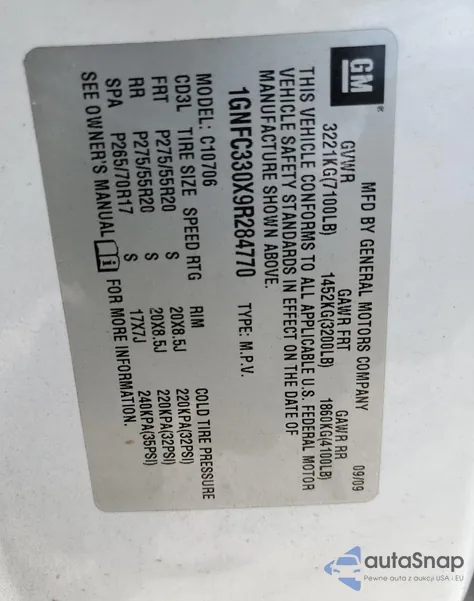 2009 Chevrolet Tahoe C1500 Ltz из США, поврежденный, VIN 1GNFC330X9R284770